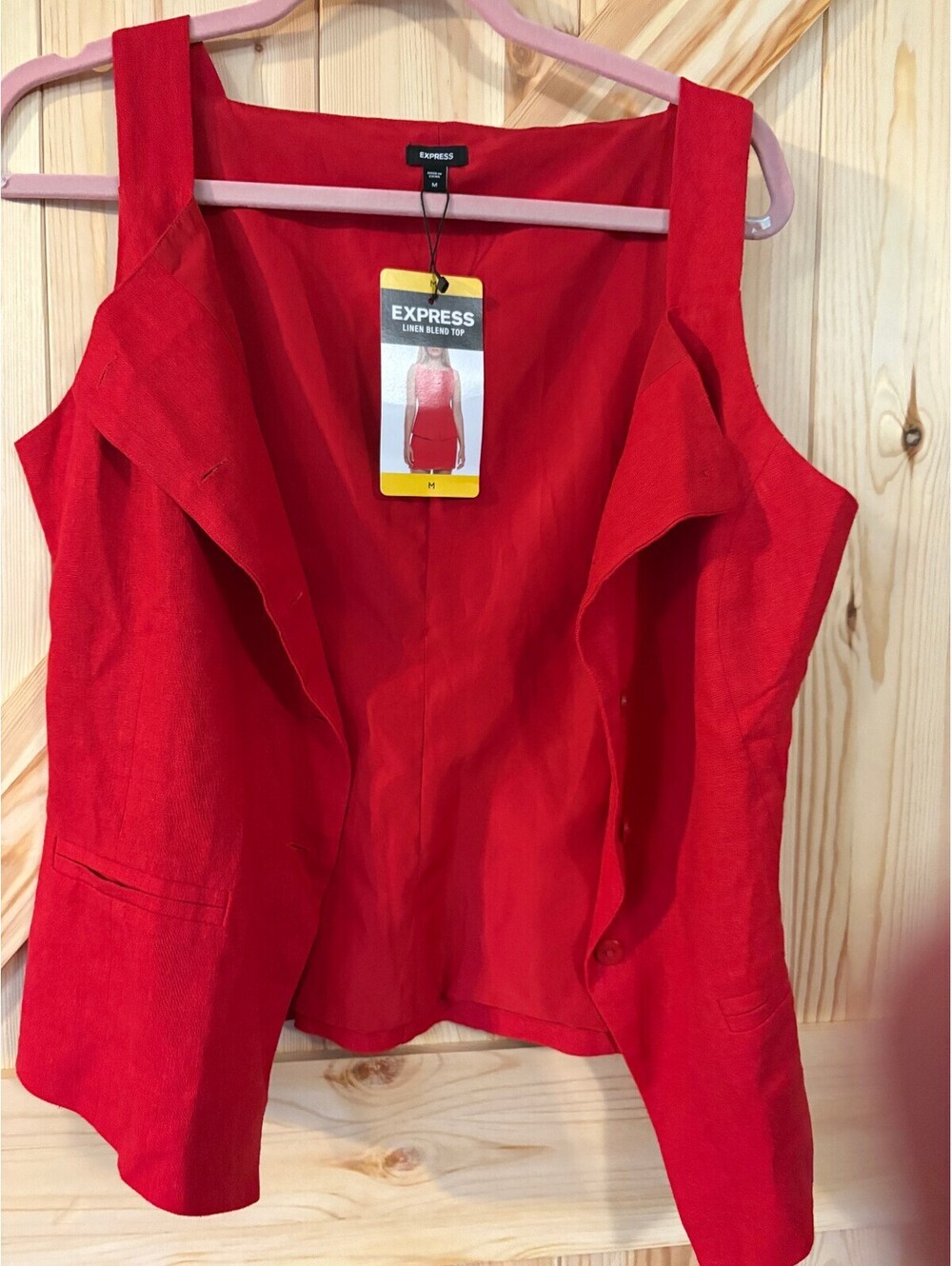 Express Red Linen Blend Button-Front Top, Size M - Picture 3 of 11